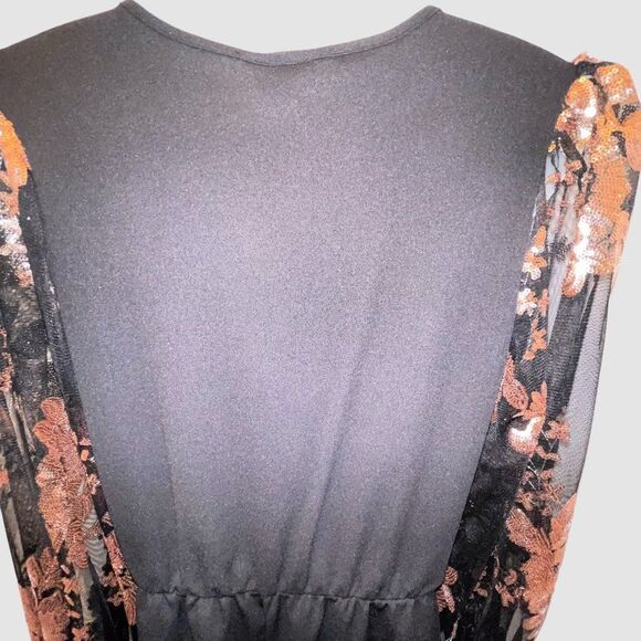 NWT Black Crepe Evening Jumpsuit with Copper Sequins Tulle Sleeves Size XL - Picture 6 of 8